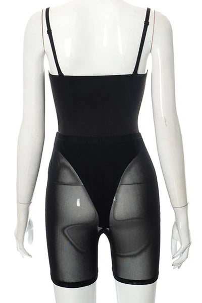 Black Sexy Solid Split Joint See-through Spaghetti Strap Sleeveless Two Pieces