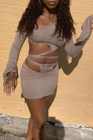Khaki Sexy Solid Hollowed Out Oblique Collar Long Sleeve Two Pieces