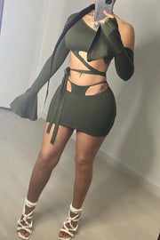Khaki Sexy Solid Hollowed Out Oblique Collar Long Sleeve Two Pieces