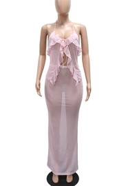 Pink Sexy Solid Color See-Through Flounce Halter Sleeveless Two Pieces