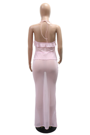 Pink Sexy Solid Color See-Through Flounce Halter Sleeveless Two Pieces