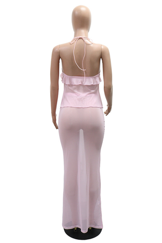 Pink Sexy Solid Color See-Through Flounce Halter Sleeveless Two Pieces