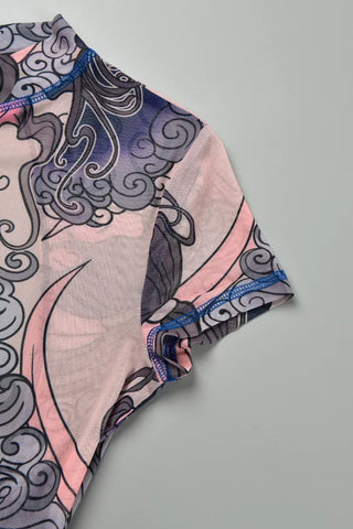 Purple Sexy Casual Print See-through Backless Half A Turtleneck Skinny Jumpsuits