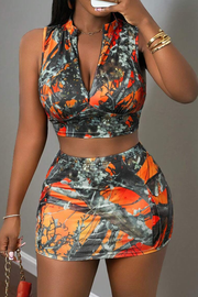 Camo Queen Orange Sexy Zip Up Collar Sleeveless Two Piece
