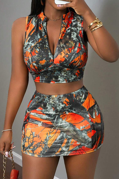Camo Queen Orange Sexy Zip Up Collar Sleeveless Two Piece
