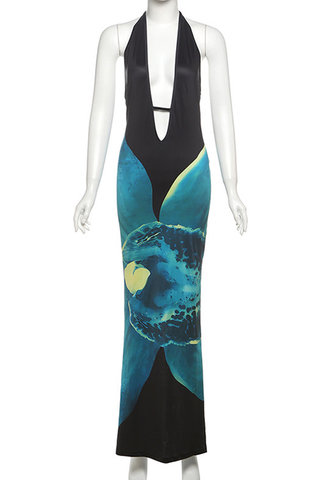 Ocean Babe Deep Open Back Blue Hollow Out Slit Halter Long Dress