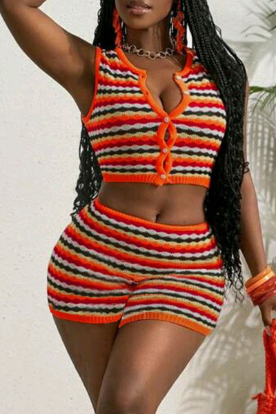 Orange Red Casual Stripe Buckle O Neck Sleeveless Two Pieces