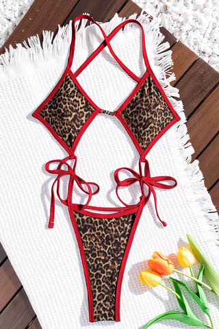 Sexy Leopard Print Hollow Out Strap Design Swimwears Open Stomach