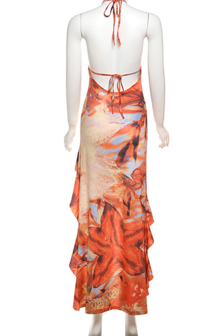 Orange Halter Flowy Hollow out Middle Long Dress