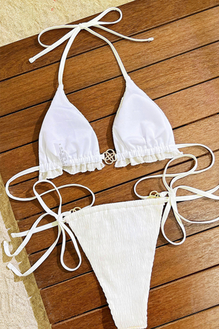 Pretty In White Metal Accessories Trim Strap Design Swimwear
