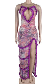 Elegant Print Hollowed Out Patchwork See-through High Opening Mesh Spaghetti Strap Sling Dresses