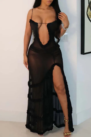 Elegant Print Hollowed Out Patchwork See-through High Opening Mesh Spaghetti Strap Sling Dresses