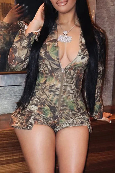 Camouflage Casual Camouflage Print Pocket Patchwork Zipper Zipper Collar Regular Rompers