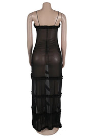 Elegant Print Hollowed Out Patchwork See-through High Opening Mesh Spaghetti Strap Sling Dresses
