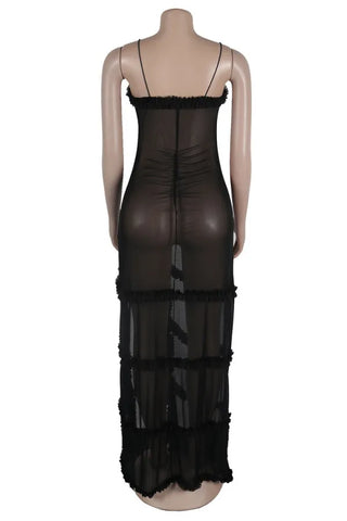 Elegant Print Hollowed Out Patchwork See-through High Opening Mesh Spaghetti Strap Sling Dresses