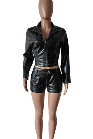 Black Casual Solid Color Buttons Patchwork Zipper Zipper Collar Long Sleeve Two Pieces