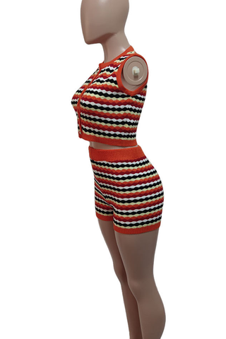Orange Red Casual Stripe Buckle O Neck Sleeveless Two Pieces
