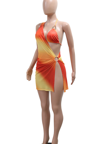 Orange Sexy Gradient Backless Strap Design Spaghetti Sleeveless Two Pieces﻿
