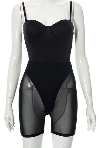 Black Sexy Solid Split Joint See-through Spaghetti Strap Sleeveless Two Pieces
