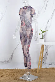 Purple Sexy Casual Print See-through Backless Half A Turtleneck Skinny Jumpsuits