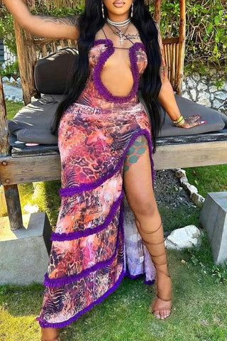 Elegant Print Hollowed Out Patchwork See-through High Opening Mesh Spaghetti Strap Sling Dresses