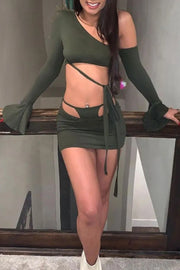 Khaki Sexy Solid Hollowed Out Oblique Collar Long Sleeve Two Pieces