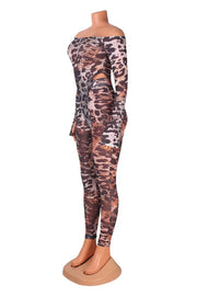 Leopard Print Sexy Hot Leopard Print Backless Off Shoulder Long Sleeve Two Pieces