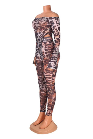 Leopard Print Sexy Hot Leopard Print Backless Off Shoulder Long Sleeve Two Pieces