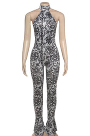 Creamy Flower Pattern Jumpsuit Sleeveless