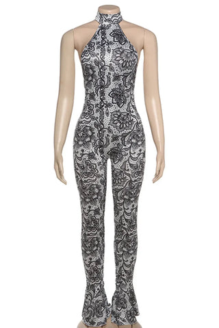 Creamy Flower Pattern Jumpsuit Sleeveless