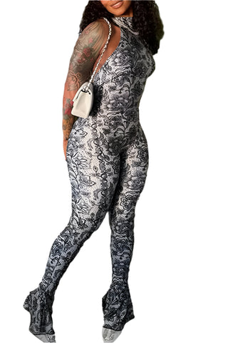 Creamy Flower Pattern Jumpsuit Sleeveless