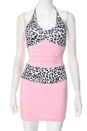 Pink Leopard Two Piece Set Backless Halter Wrapped Skirt Dresses