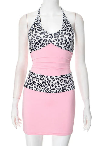 Pink Leopard Two Piece Set Backless Halter Wrapped Skirt Dresses