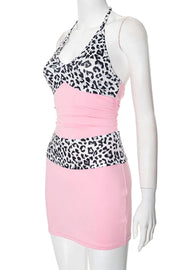 Pink Leopard Two Piece Set Backless Halter Wrapped Skirt Dresses