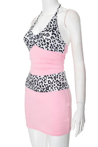 Pink Leopard Two Piece Set Backless Halter Wrapped Skirt Dresses