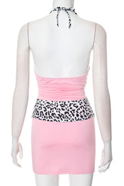 Pink Leopard Two Piece Set Backless Halter Wrapped Skirt Dresses