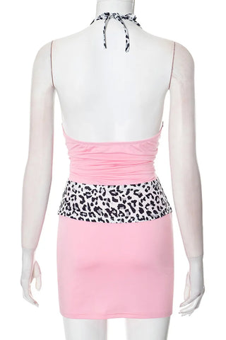 Pink Leopard Two Piece Set Backless Halter Wrapped Skirt Dresses