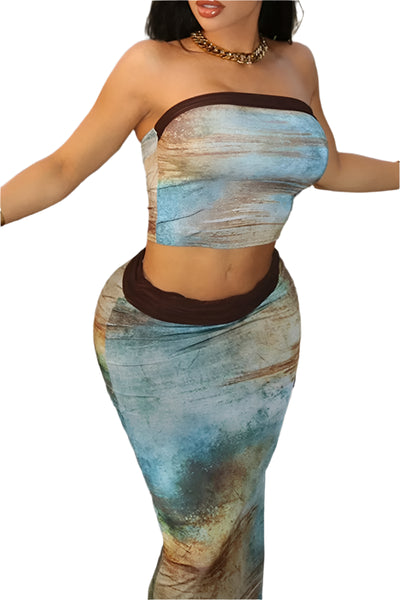 Blue Brown Strapless Sleeveless Two Pieces Classy Long Skirt