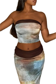 Blue Brown Strapless Sleeveless Two Pieces Classy Long Skirt