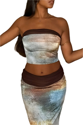 Blue Brown Strapless Sleeveless Two Pieces Classy Long Skirt