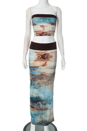 Blue Brown Strapless Sleeveless Two Pieces Classy Long Skirt