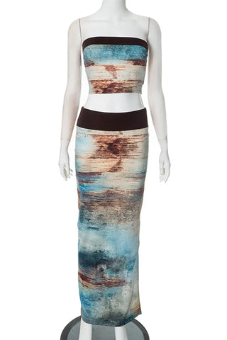 Blue Brown Strapless Sleeveless Two Pieces Classy Long Skirt