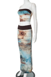 Blue Brown Strapless Sleeveless Two Pieces Classy Long Skirt