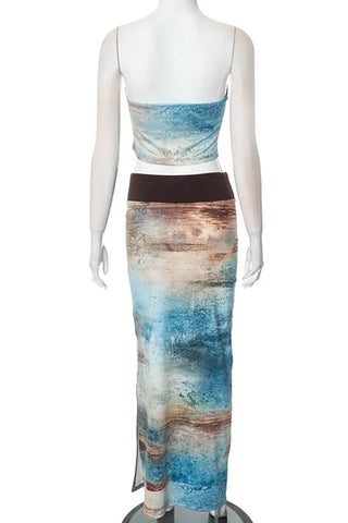 Blue Brown Strapless Sleeveless Two Pieces Classy Long Skirt