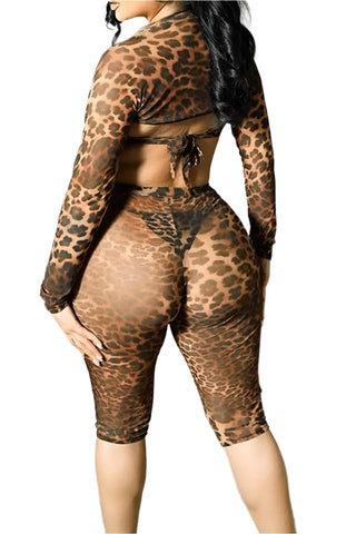 Leopard Print See-Through Strapless Long Sleeve Two Piece Set
