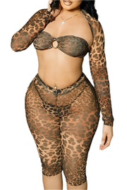 Leopard Print See-Through Strapless Long Sleeve Two Piece Set