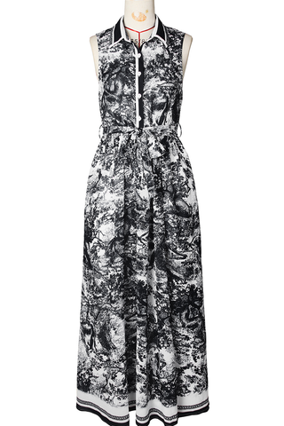 Real Rich Elegant Print Buckle Turndown Collar Long Dresses