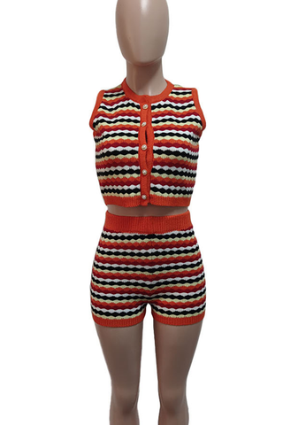 Orange Red Casual Stripe Buckle O Neck Sleeveless Two Pieces