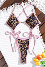 Sexy Leopard Print Hollow Out Strap Design Swimwears Open Stomach