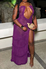 Elegant Print Hollowed Out Patchwork See-through High Opening Mesh Spaghetti Strap Sling Dresses